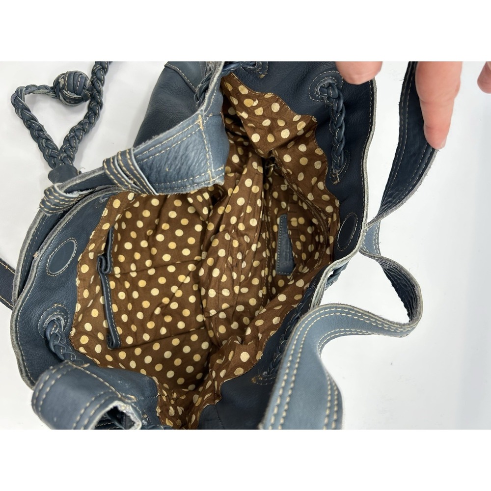 Fossil Blue Leather Shoulder Hobo Bag Purse Dual Handle Drawstring Closure - Picture 7 of 10